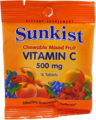 Sunkist, Vitamin C, Chewable Mixed Fruit, 500 mg, 16 Tablets ,الفيتامينات، فيتامين ج، فيتامين ج مضغ، الصحة، دعم المناعة
