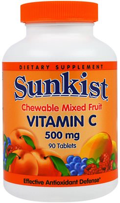 Sunkist, Vitamin C, Chewable Mixed Fruit, 500 mg, 90 Tablets ,الفيتامينات، فيتامين ج، فيتامين ج مضغ، الصحة، دعم المناعة