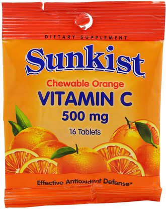 Sunkist, Vitamin C, Chewable Orange, 500 mg, 16 Tablets ,الفيتامينات، فيتامين ج، فيتامين ج مضغ، الصحة، دعم المناعة