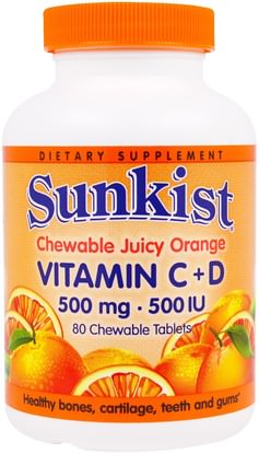 Sunkist, Vitamin C + D, Chewable Juice Orange, 500 mg / 500 IU, 80 Chewable Tablets ,الفيتامينات، فيتامين ج، فيتامين d3