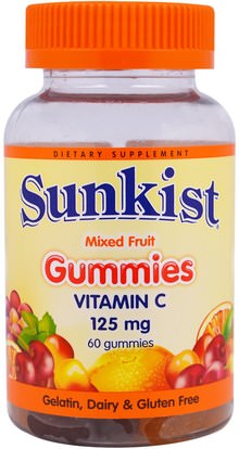 Sunkist, Vitamin C, Mixed Fruit Gummies, 125 mg, 60 Gummies ,الفيتامينات، فيتامين ج، منتجات حساسة للحرارة