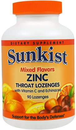 Sunkist, Zinc, Throat Lozenges, with Vitamin C and Echinacea, Mixed Flavors, 90 Lozenges ,المكملات الغذائية، المعادن، الزنك معينات