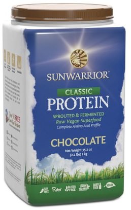 Sunwarrior, Classic Protein, Sprouted & Fermented Raw Vegan Superfood, Chocolate, 35.2 oz (1 kg) ,والمكملات الغذائية، والبروتين، محارب الشمس البروتين الكلاسيكي