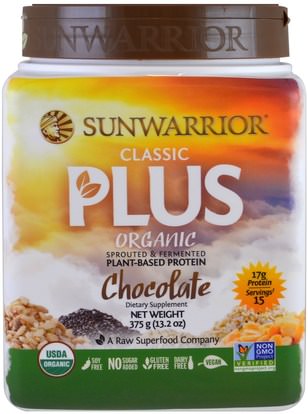 Sunwarrior, Organic, Classic Plus, Chocolate, 13.2 oz (375 g) ,والرياضة، وتجريب، والبروتين