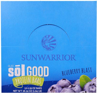 Sunwarrior, Organic Sol Good Protein Bars, Blueberry Blast, 12 Bars, 2.19 oz Each ,المكملات الغذائية، البروتين، بروتين الرياضة، الرياضة، بروتين أشرطة