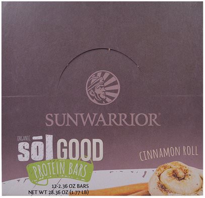 Sunwarrior, Organic Sol Good Protein Bars, Cinnamon Roll, 12 Bars, 2.36 oz (67 g) Each ,المكملات الغذائية، البروتين، بروتين الرياضة، الرياضة، بروتين أشرطة