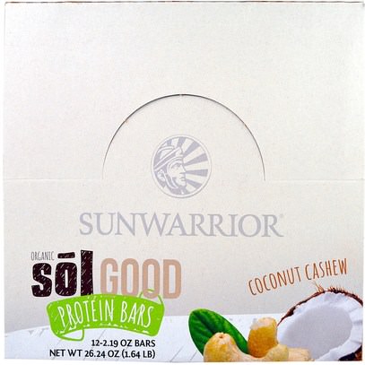 Sunwarrior, Organic Sol Good Protein Bars, Coconut Cashew, 12 Bars, 2.19 oz Each ,المكملات الغذائية، البروتين، بروتين الرياضة، الرياضة، بروتين أشرطة