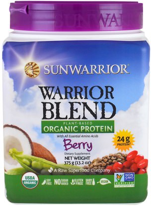 Sunwarrior, Warrior Blend, Plant-Based Organic Protein, Berry, 13.2 oz (375 g) ,والرياضة، وتجريب، والبروتين
