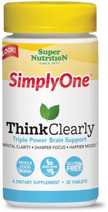 Super Nutrition, SimplyOne, Think Clearly, 30 Tablets ,والصحة، والمزاج، واضطراب نقص الانتباه، إضافة، أدهد، الدماغ