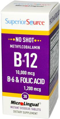 Superior Source, Methylcobalamin B-12 10,000 mcg, B-6 & Folic Acid 1,200 mcg, 30 MicroLingual Instant Dissolve Tablets ,الفيتامينات، وفيتامين ب، وفيتامين ب 12، وفيتامين ب 12 - ميثيلكوبالامين