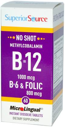 Superior Source, Methylcobalamin B-12, 1000 mcg, B-6 & Folic Acid 800 mcg, 60 MicroLingual Instant Dissolve Tablets ,الفيتامينات، وفيتامين ب، وفيتامين ب 12، وفيتامين ب 12 - ميثيلكوبالامين