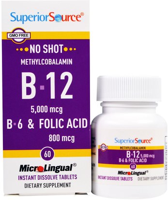 Superior Source, Methylcobalamin B-12 5000 mcg, B-6 & Folic Acid 800 mcg, 60 MicroLingual Instant Dissolve Tablets ,الفيتامينات، وفيتامين ب، وفيتامين ب 12، وفيتامين ب 12 - ميثيلكوبالامين
