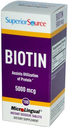 Superior Source, Biotin, 5000 mcg, 100 MicroLingual Instant Dissolve Tablets ,الفيتامينات، فيتامين ب، البيوتين