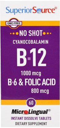 Superior Source, Cyanocobalamin B-12, 1000 mcg, B-6 & Folic Acid 800 mcg, 60 MicroLingual Instant Dissolve Tablets ,الفيتامينات، وفيتامين ب، وفيتامين ب 12، وفيتامين ب 12 - سيانوكوبالامين