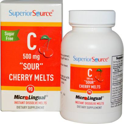 Superior Source, C Sour Cherry Melts, Sugar Free, 500 mg, 90 MicroLingual Instant Dissolve Melts ,الفيتامينات، فيتامين ج، فيتامين ج مضغ