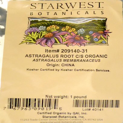 المكملات الغذائية، أدابتوغن، مكافحة الشيخوخة Starwest Botanicals, Organic Astragalus Root C/S, 1 lb (453.6 g)