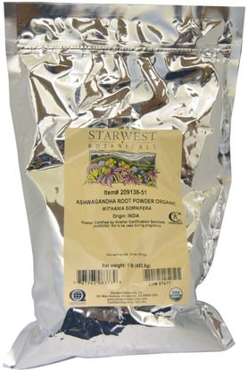 المكملات الغذائية، أدابتوغن، أشواغاندا ويثانيا سومنيفيرا Starwest Botanicals, Organic Ashwagandha Root Powder, 1 lbs (453.6 g)