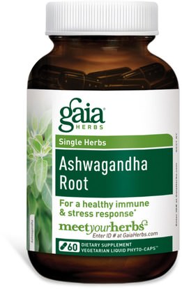 المكملات الغذائية، أدابتوغين، الانفلونزا الباردة والفيروسية، جهاز المناعة Gaia Herbs, Single Herbs, Ashwagandha Root, 60 Veggie Liquid Phyto-Caps