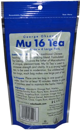 المكملات الغذائية، أدابتوغين، الشاي العشبية Eden Foods, Mu 16 Tea, with Panax Ginseng, 6 Tea Bags, 1.3 oz (38 g)