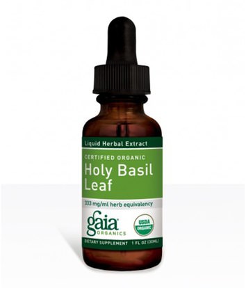 المكملات الغذائية، أدابتوغين، الريحان المقدس Gaia Herbs, Certified Organic Holy Basil Leaf, 1 fl oz (30 ml)