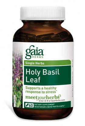 المكملات الغذائية، أدابتوغين، الريحان المقدس Gaia Herbs, Holy Basil Leaf, 60 Vegetarian Liquid Phyto-Caps