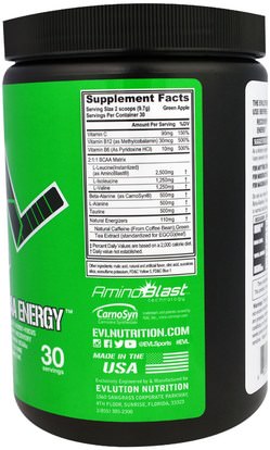 المكملات الغذائية، والأحماض الأمينية، بكا (متفرعة سلسلة الأحماض الأمينية) EVLution Nutrition, BCAA Energy, Green Apple, 10.2 oz (291 g)