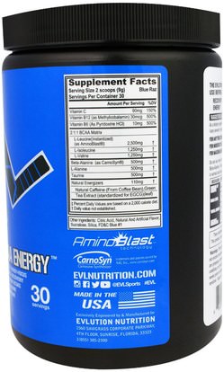 المكملات الغذائية، والأحماض الأمينية، بكا (متفرعة سلسلة الأحماض الأمينية)، والرياضة، والعضلات EVLution Nutrition, BCAA Energy, Blue Raz, 9.5 oz (270 g)