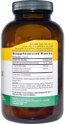 المكملات الغذائية، والأحماض الأمينية، ل أرجينين، ل أرجينين + ل أورنيثين Country Life, L-Arginine L-Ornithine Hydrochloride Caps, 1000 mg, 180 Capsules