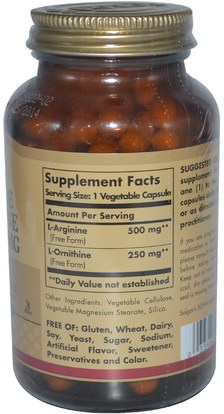 المكملات الغذائية، والأحماض الأمينية، ل أرجينين، ل أرجينين + ل أورنيثين Solgar, L-Arginine, L-Ornithine, 500 mg/250 mg, 100 Vegetable Capsules