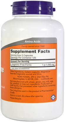 المكملات الغذائية، والأحماض الأمينية، ل أرجينين Now Foods, L-Arginine, 500 mg, 250 Capsules