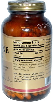 المكملات الغذائية، والأحماض الأمينية، ل أرجينين Solgar, L-Arginine, 500 mg, 250 Vegetable Capsules