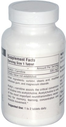 المكملات الغذائية، والأحماض الأمينية، ل كارنيتين، أسيتيل ل كارنيتين Source Naturals, Acetyl L-Carnitine, 500 mg, 120 Tablets