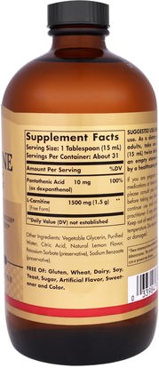 المكملات الغذائية، والأحماض الأمينية، ل كارنيتين، ل كارنيتين السائل Solgar, L-Carnitine, Natural Lemon Flavor, 1500 mg, 16 fl oz (473 ml)