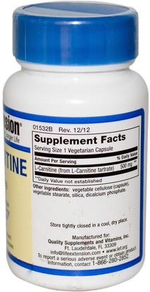 المكملات الغذائية، والأحماض الأمينية، ل كارنيتين Life Extension, L-Carnitine, 500 mg, 30 Veggie Caps