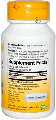 المكملات الغذائية، والأحماض الأمينية، ل كارنيتين Natures Way, L-Carnitine, 500 mg, 60 Veggie Caps