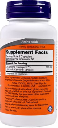 المكملات الغذائية، والأحماض الأمينية، ل كارنيتين Now Foods, L-Carnitine, 250 mg, 60 Capsules