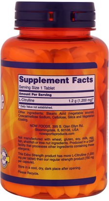 المكملات الغذائية، والأحماض الأمينية، ل سيترولين Now Foods, L-Citrulline, Extra Strength, 1,200 mg, 120 Tablets