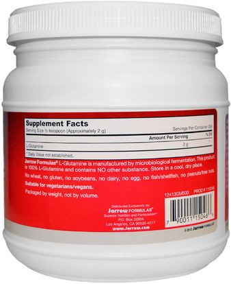 المكملات الغذائية، والأحماض الأمينية، ل الجلوتامين، ل مسحوق الجلوتامين Jarrow Formulas, L-Glutamine, Powder, 17.6 oz (500 g)