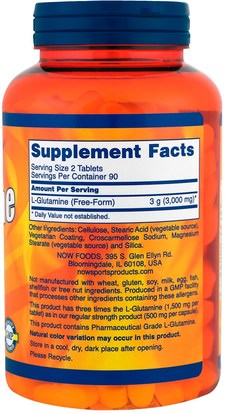 والمكملات، والأحماض الأمينية، ل الجلوتامين، وأقراص الجلوتامين ل Now Foods, Sports, L-Glutamine, 1,500 mg, 180 Tablets