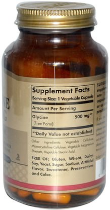 المكملات الغذائية، الأحماض الأمينية، l الجلايسين Solgar, Glycine, 500 mg, 100 Vegetable Capsules