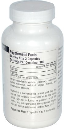 المكملات الغذائية، الأحماض الأمينية، l الجلايسين Source Naturals, Glycine, 500 mg, 200 Capsules