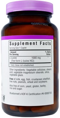 المكملات الغذائية، والأحماض الأمينية، ل يسين Bluebonnet Nutrition, L-Lysine, 1000 mg, 100 Caplets