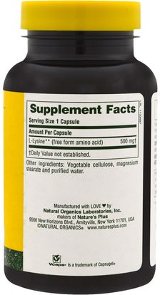 المكملات الغذائية، والأحماض الأمينية، ل يسين Natures Plus, L-Lysine, 500 mg, 90 Veggie Caps