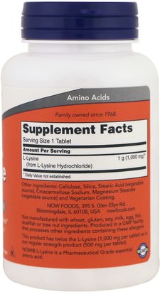 المكملات الغذائية، والأحماض الأمينية، ل يسين Now Foods, L-Lysine, 1,000 mg, 100 Tablets