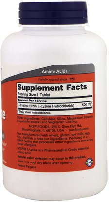 المكملات الغذائية، والأحماض الأمينية، ل يسين Now Foods, L-Lysine, 500 mg, 250 Tablets