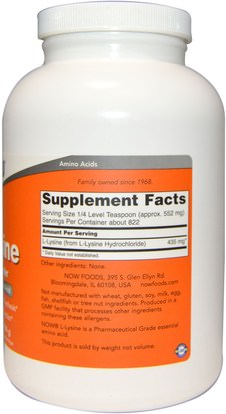 المكملات الغذائية، والأحماض الأمينية، ل يسين Now Foods, L-Lysine Pure Powder, 1 lb (454 g)