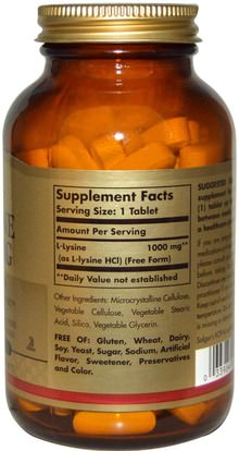 المكملات الغذائية، والأحماض الأمينية، ل يسين Solgar, L-Lysine, Free Form, 1000 mg, 100 Tablets