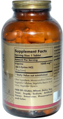 المكملات الغذائية، والأحماض الأمينية، ل يسين Solgar, L-Lysine, Free Form, 1000 mg, 250 Tablets