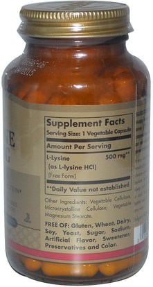 المكملات الغذائية، والأحماض الأمينية، ل يسين Solgar, L-Lysine, Free Form, 500 mg, 100 Vegetable Capsules
