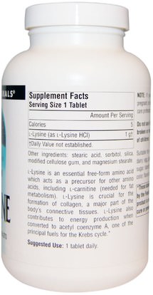 المكملات الغذائية، والأحماض الأمينية، ل يسين Source Naturals, L-Lysine, 1,000 mg, 200 Tablets